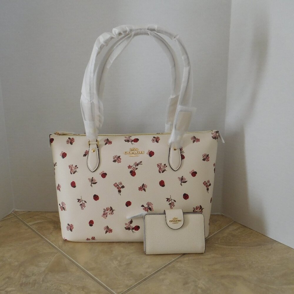 NWT Coach Ladybug Floral Gallery Tote & Wallet Purse Set